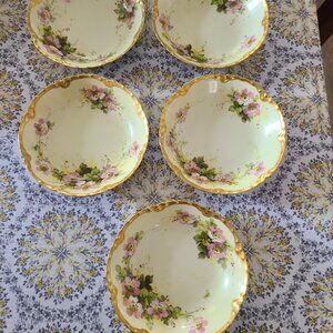 5 Haviland France Pink & Green Floral Gold Rim Fruit Dessert Dishes Berry Bowls